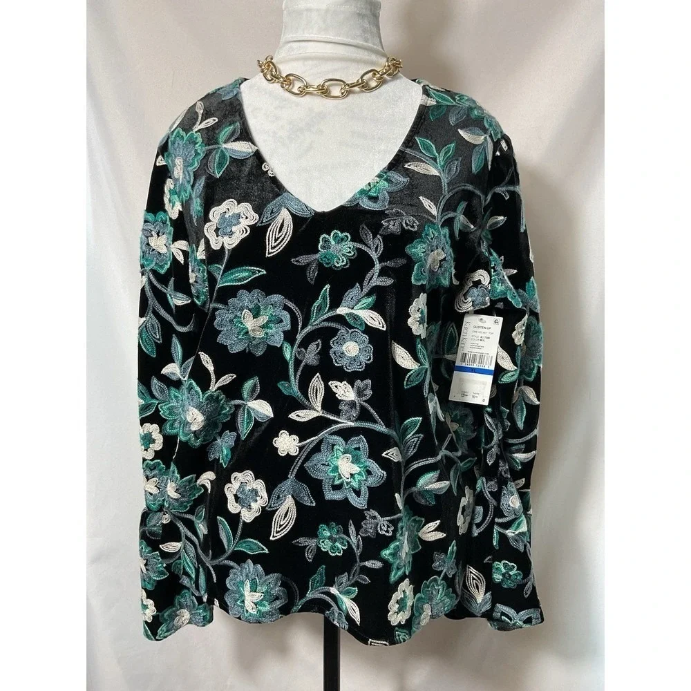 Karen Kane NWT Sz XL Black Green STRETCH Embroidered Velvet Bell Slv $128 MSRP - Picture 3 of 12
